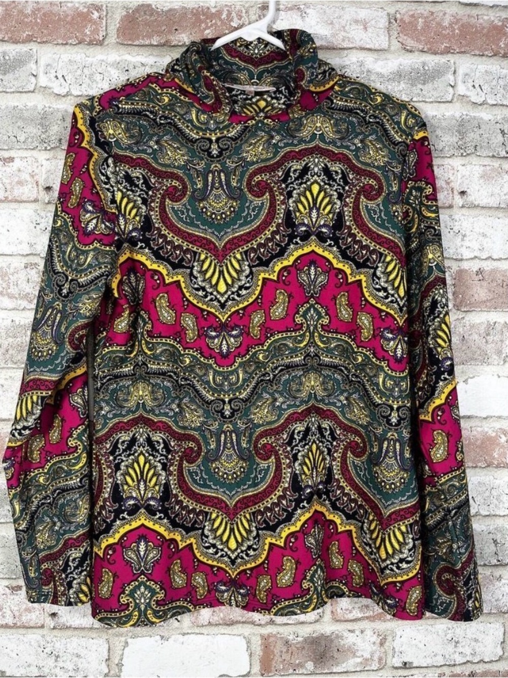 Jude Connally Paisley Turtleneck Blouse in Magenta, Yellow & Green